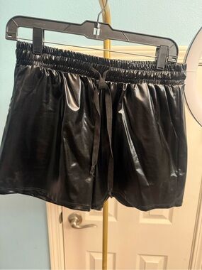 JODIFL Black Faux Leather Drawstring Athletic Shorts
